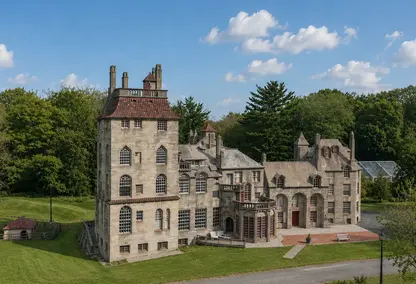 Aerial view of historic Fonthill Castle in Doylestown, Pennsylvania.